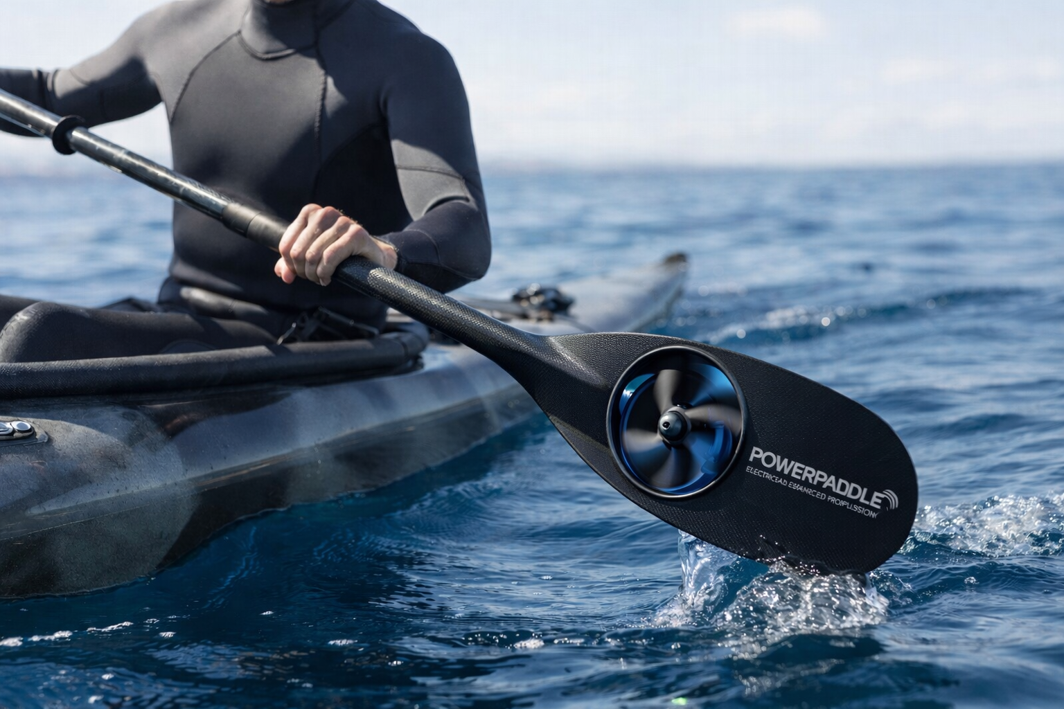 Paddler using a Power Paddle — carbon paddle with integrated propeller blade on open water