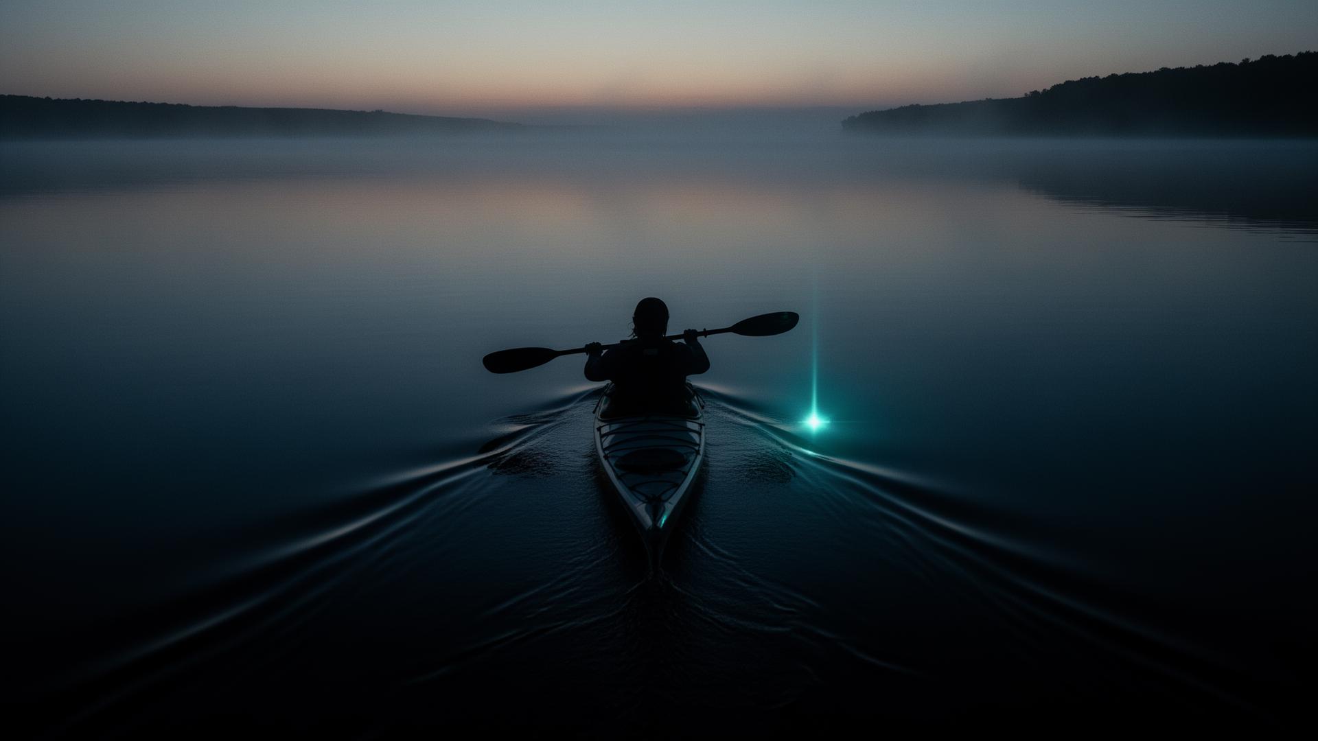 Paddler at dawn on glassy water with faint propeller wake